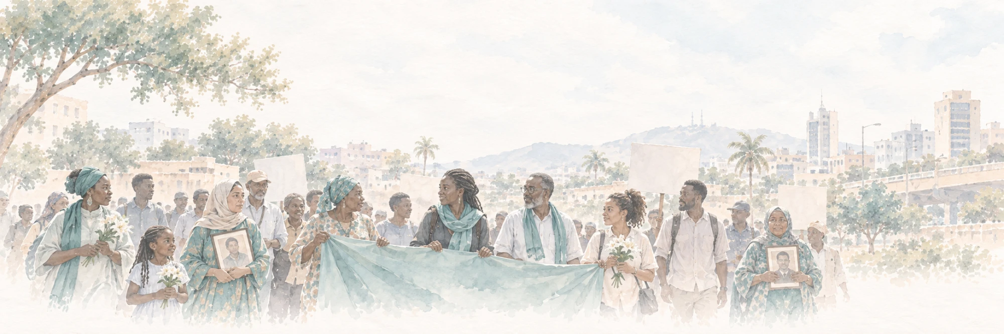 Watercolour illustration of a peaceful march: women, men, and children walk together through a city, carrying a long cloth banner, white flowers, and framed portraits of lost relatives.